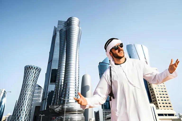Local guide in Qatari dress with Doha West Bay towers on a layover express tour
