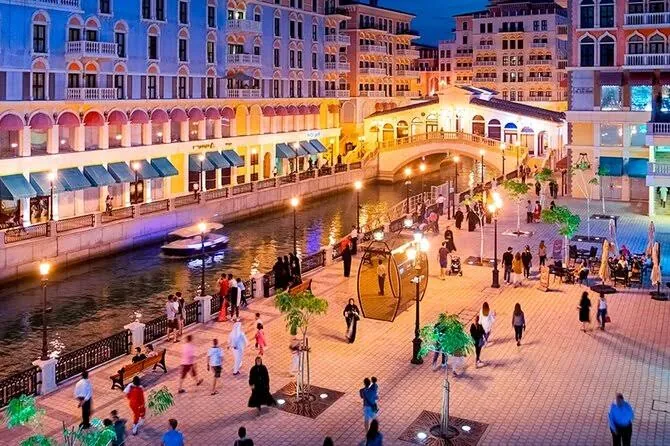 Qanat Quartier canal and colourful buildings at The Pearl-Qatar on The Pearl and Katara tour