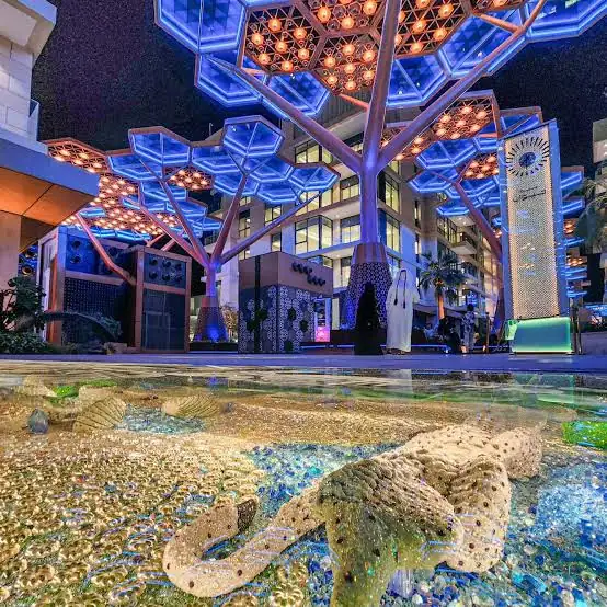 Illuminated geometric canopy above a shallow fountain at night in Qatar